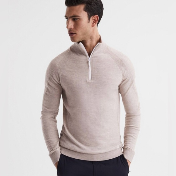 Reiss Golf Men's Affleck Merino Wool Zip Neck Sweater Stone Melange Beige Small - Picture 1 of 14